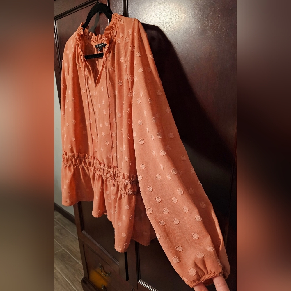 Rachel & Zoe XL Smocked Peplum Ruffled Swiss Dot Blouse Mandarin Collar NWOT - Picture 11 of 13